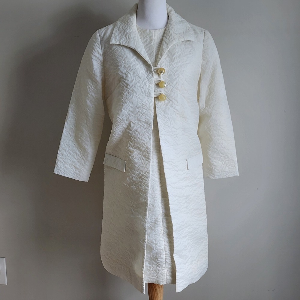 Vintage 60s Cloque Coat Dress Set S White Textured Mod Formal Wedding Bridal Lux